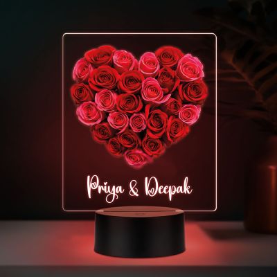 Personalized Name LED Night Light, Rose Heart Design Color Changing Light with Black Base Gift for Valentines Day & Rose Day Gift for Couples